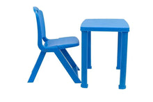 Kids table and chair set, blue plastic chair and rectangular blue table