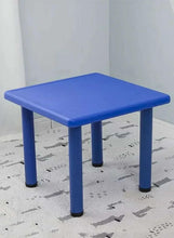 Square blue plastic kids table with rounded edges and 4 legs
