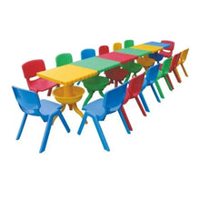 Kids plastic table set with multicolor chairs, long table and six chairs in bright colors