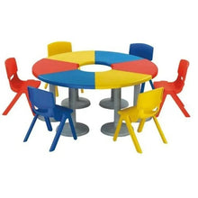 Kids plastic table set with round tabletop and multicolor chairs, six chairs around grey base