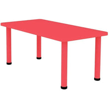 Red kids plastic activity table with four legs and flat tabletop