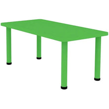 Green kids plastic activity table with four legs and flat tabletop