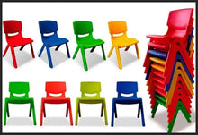 Kids plastic chair set with multiple red blue green yellow chairs, stacked on right