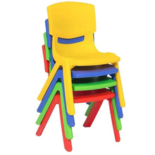 Stacked kids plastic chairs, yellow top seat with blue, green, and red chairs below