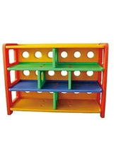 Kids book organizer storage cabinet with open shelves, red frame and blue base, green dividers