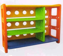 3-tier plastic storage shelf with orange frame, green dividers, and blue base