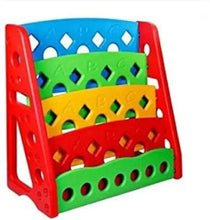 Colorful 4-tier plastic bookshelf rack with red side frames and multicolor shelves