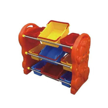 3-tier kids toy and book storage organizer with multicolor bins, standing rack