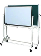Adjustable stand magnetic whiteboard with blank writing surface, on wheeled frame