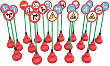 Traffic sign play set with round warning and stop signs on stakes, red bases