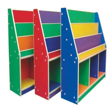 Kids wooden book and bag shelf, multi-color open compartments