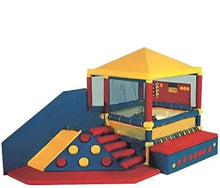Children's ball pool play set with yellow tent, blue ramp slide, and padded obstacles
