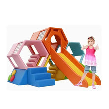 Indoor soft play slide set with orange frame, yellow slide, blue base steps, pink and teal climbers