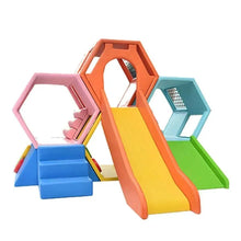 Indoor soft play slide set with orange and yellow slide, blue steps, green and pink panels