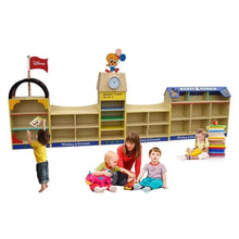 Kids storage shelf with Mickey & Donald bins, clock, and children playing