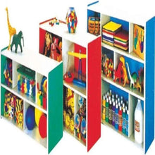 Kids book and toy shelving unit with colorful cubbies and tall side panels, white frame