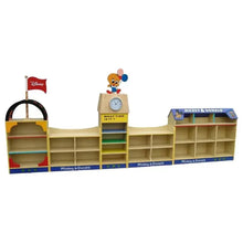 Kids storage shelf with Mickey & Donald bins and central clock