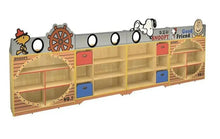 Kids cartoon storage shelf with drawers, open cubbies, light wood and blue/red drawer fronts