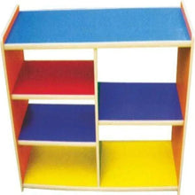 Kids wooden storage shelf with blue top and colorful cubbies: red, navy, yellow.
