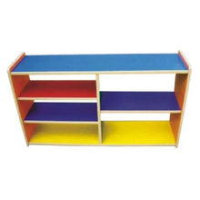 Kids wooden storage shelf with blue top and four cubby compartments in red, navy, yellow.