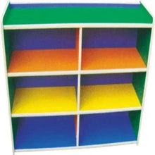 Kids wooden toy and book organizer rack with 6 open cubbies in green and bright colors