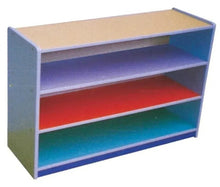 Kids wooden rack with three open shelves and colorful shelf panels
