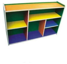 Kids wooden storage rack with multicolor cubby shelves, open front