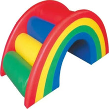 Close-up kids soft play rainbow arch with red frame and blue, yellow, green pads