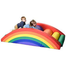 Kids soft play slide tunnel with rainbow arch, children playing on padded seats