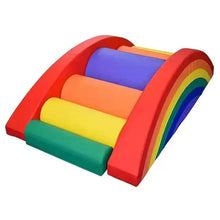 Kids soft play rainbow climbing arch with red frame and three padded blocks