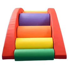 Kids soft play climbing arch with red frame and multicolor padded steps