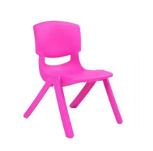 Kids plastic chair in pink, front side view with cutout backrest and 4 legs