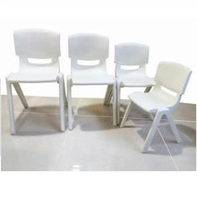Kids plastic chair set, white chairs with open cutout back and straight legs