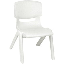 Kids plastic chair in white, front view with contoured backrest and armrests