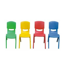 Set of 4 kids plastic chairs in green, yellow, red, and blue with slanted legs