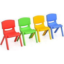 Set of 4 kids plastic chairs in red, green, yellow, and blue with curved backrest