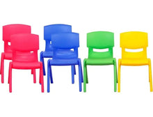 Set of 4 kids plastic chairs in pink, blue, green, and yellow with cutout back