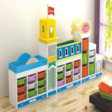 Kids toy organizer rack with tall yellow tower, blue play top, and stacked multicolor bins