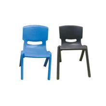 Two kids plastic chairs, blue and black, rounded backs with cutout handles
