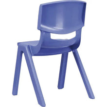Kids plastic chair, blue, front view with cutout back, four legs