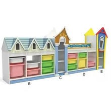 Kids toy storage rack with house-shaped cubbies and colorful bins
