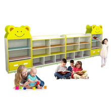Kids storage shelf with smiley bear side panels, open cubbies and yellow bins