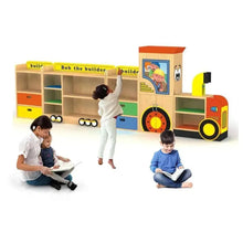 Kids toy storage shelf with open cubbies, drawers, and truck-shaped side panel