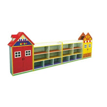 Kids wooden shelf house storage organizer with red doors and open cubby shelves