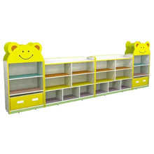 Kids storage shelf with smiley bear doors, open cubbies, gray bins, yellow frame