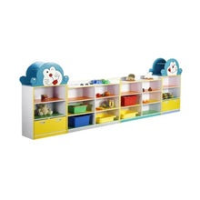 Kids toy and book storage shelf with Doraemon character panels, cubbies and drawers
