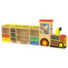 Wooden kids storage shelf with multi-compartment cubbies, drawers, and truck theme