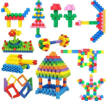 Colorful STEM building blocks set with multiple assembled figures