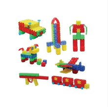 Colorful building blocks set with assembled vehicle and figure models
