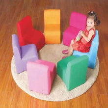 Kids foam chair set with colorful chairs in red, orange, pink, green, and purple